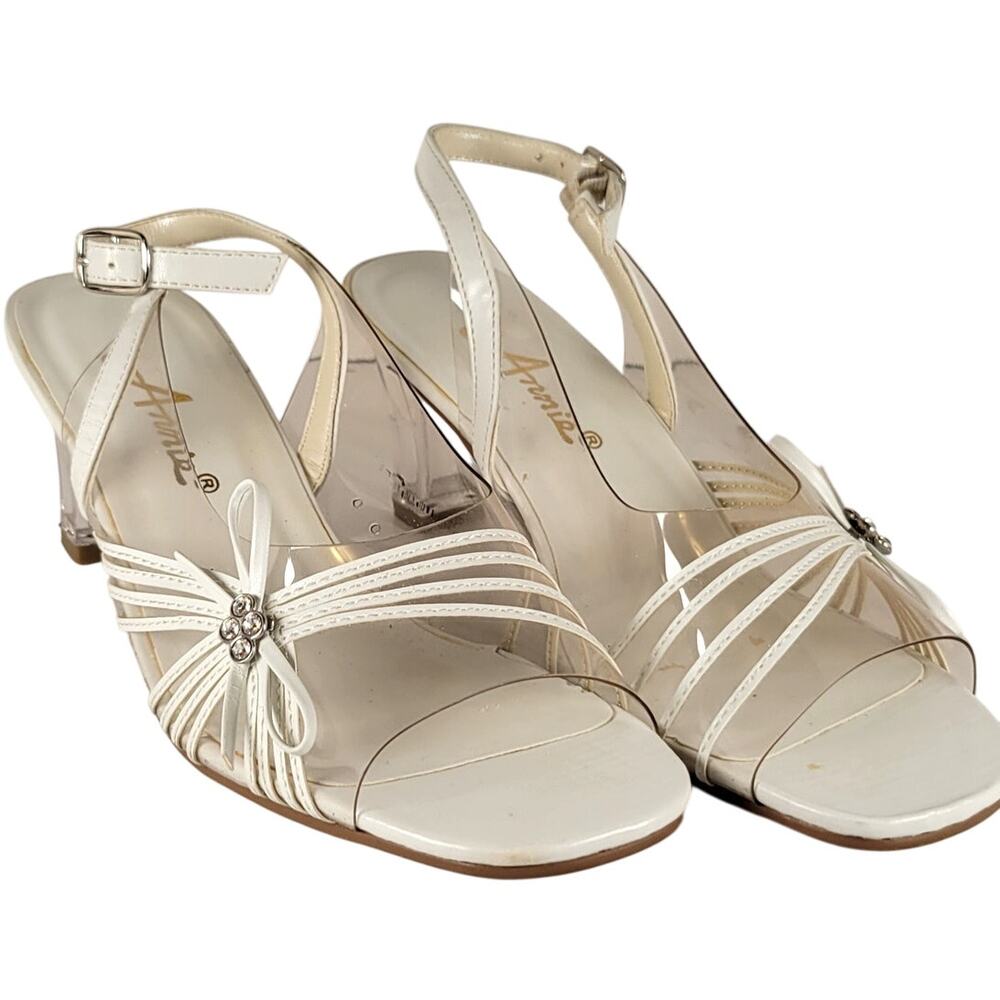 Annie White Slingback Sandals 6M Open Toe Clear Heel Strappy Bow Rhinestones